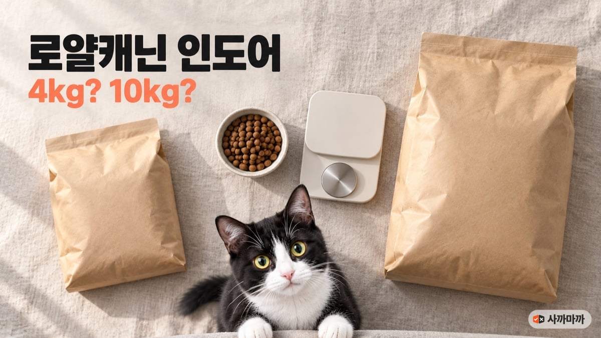 리넨 위에 놓인 작은 사료 봉투와 큰 사료 포대, 사료 그릇과 저울 사이로 고개를 내민 턱시도 고양이, 로얄캐닌 인도어 4kg 10kg
