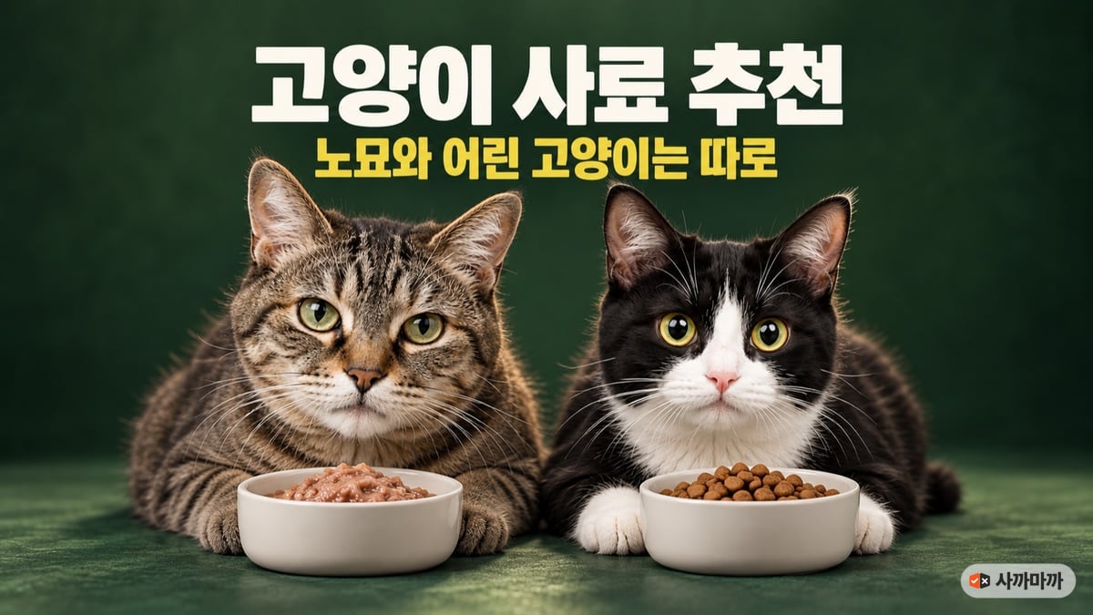 초록 배경 앞에 습식 그릇 앞의 노묘 고등어 태비와 건사료 그릇 앞의 어린 턱시도 고양이가 나란히 앉은 모습, 고양이 사료 추천 노묘와 어린 고양이는 따로