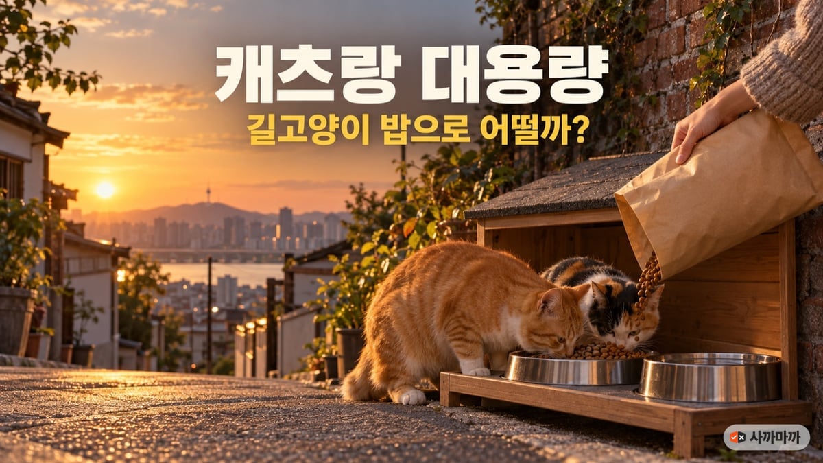 해 질 녘 골목 길고양이 급식소에서 큰 사료 포대로 그릇을 채우는 손과 밥을 먹는 길고양이 두 마리, 캐츠랑 대용량 길고양이 밥