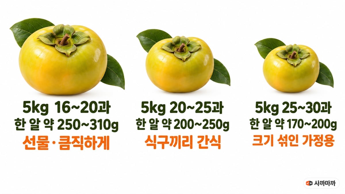 태추단감 5kg 과수별 한 알 무게: 16~20과는 약 250~310g 선물용, 20~25과는 약 200~250g 식구끼리 간식, 25~30과는 약 170~200g 크기 섞인 가정용
