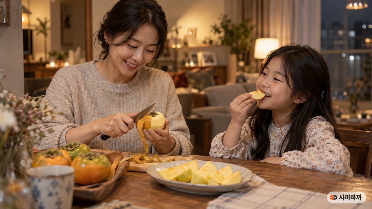 가을 저녁 식탁에서 엄마가 태추단감을 깎고 아이가 연노랑 감 조각을 먹으며 웃는 모습
