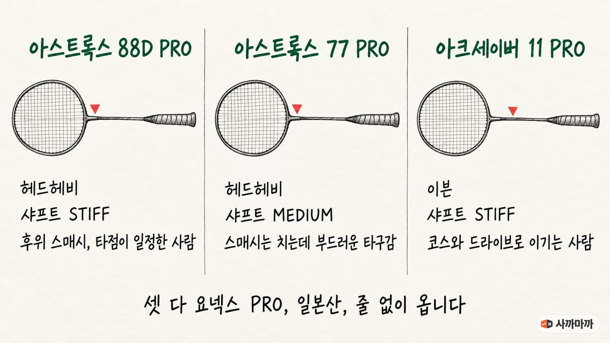 아스트록스 88D PRO·77 PRO·아크세이버 11 PRO 세 라켓의 무게 중심과 샤프트 탄성을 세 칸으로 그린 손그림 설명도