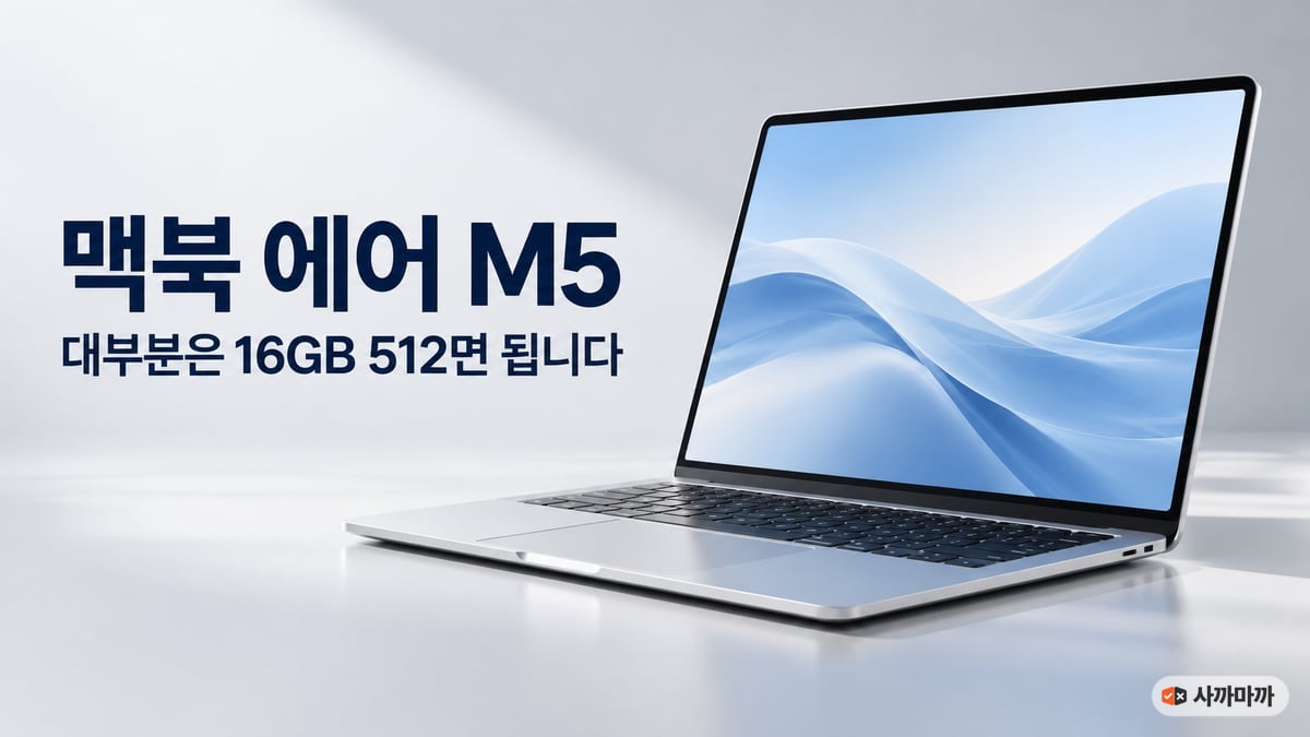 은색 노트북이 열려 있고 왼쪽에 '맥북 에어 M5, 대부분은 16GB 512면 됩니다' 문구가 적힌 썸네일