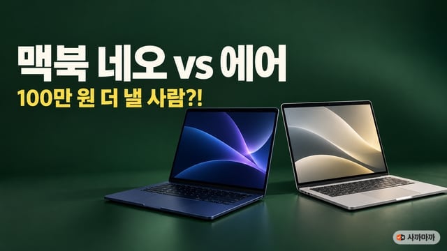 짙은 초록 배경 위에 인디고색 노트북과 은색 노트북이 나란히 열려 있고 '맥북 네오 vs 에어, 100만 원 더 낼 사람?!' 문구가 적힌 썸네일