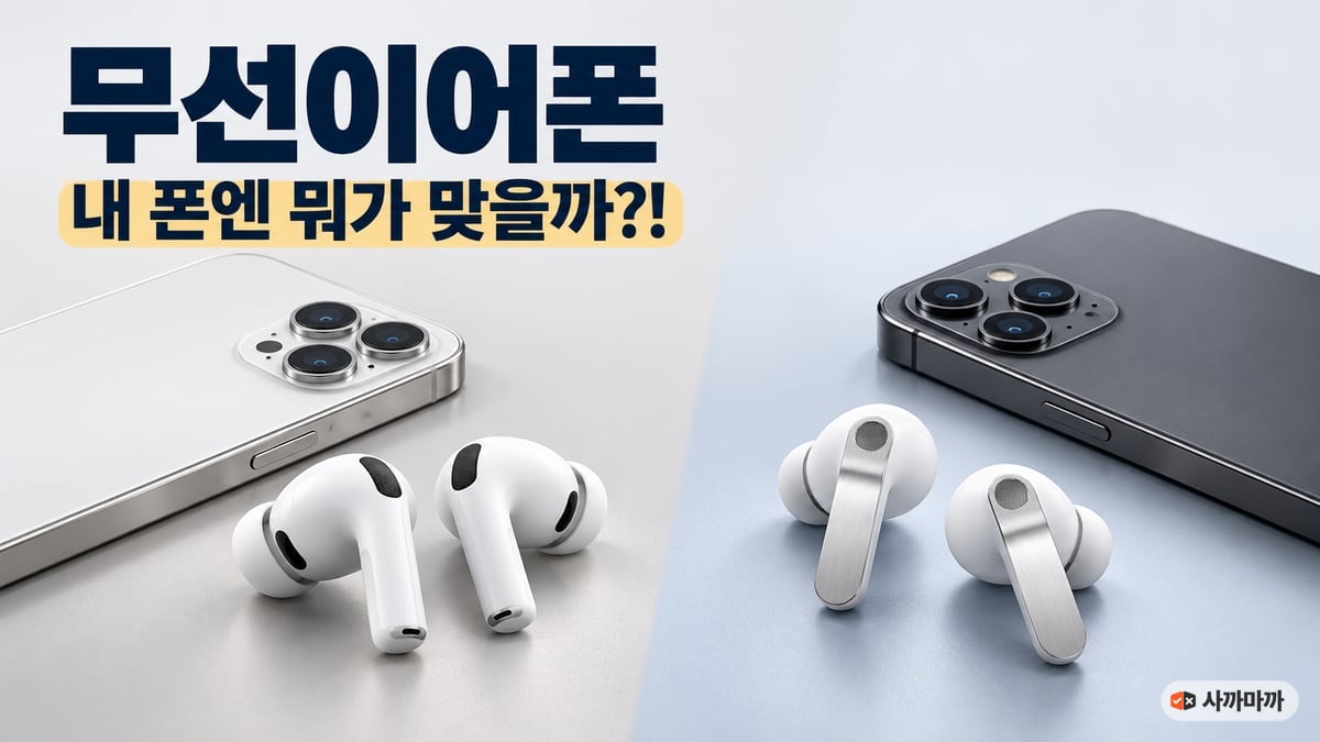 흰색 아이폰과 에어팟형 이어폰, 짙은 색 안드로이드폰과 은색 막대형 이어폰이 좌우로 나뉜 화면에 "무선이어폰 내 폰엔 뭐가 맞을까?!" 문구