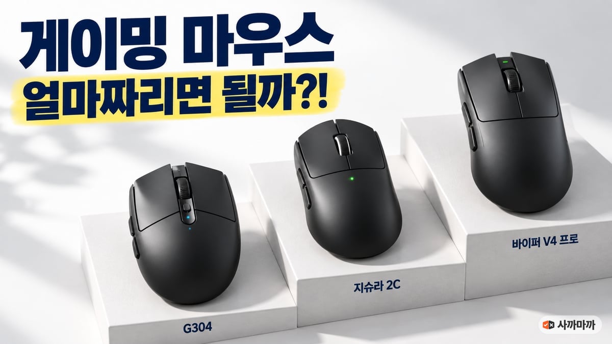 흰 계단식 단상 위에 G304, 지슈라 2C, 바이퍼 V4 프로 검은 게이밍 마우스 세 개가 낮은 곳에서 높은 곳으로 놓인 모습과 "게이밍 마우스 얼마짜리면 될까?!" 문구