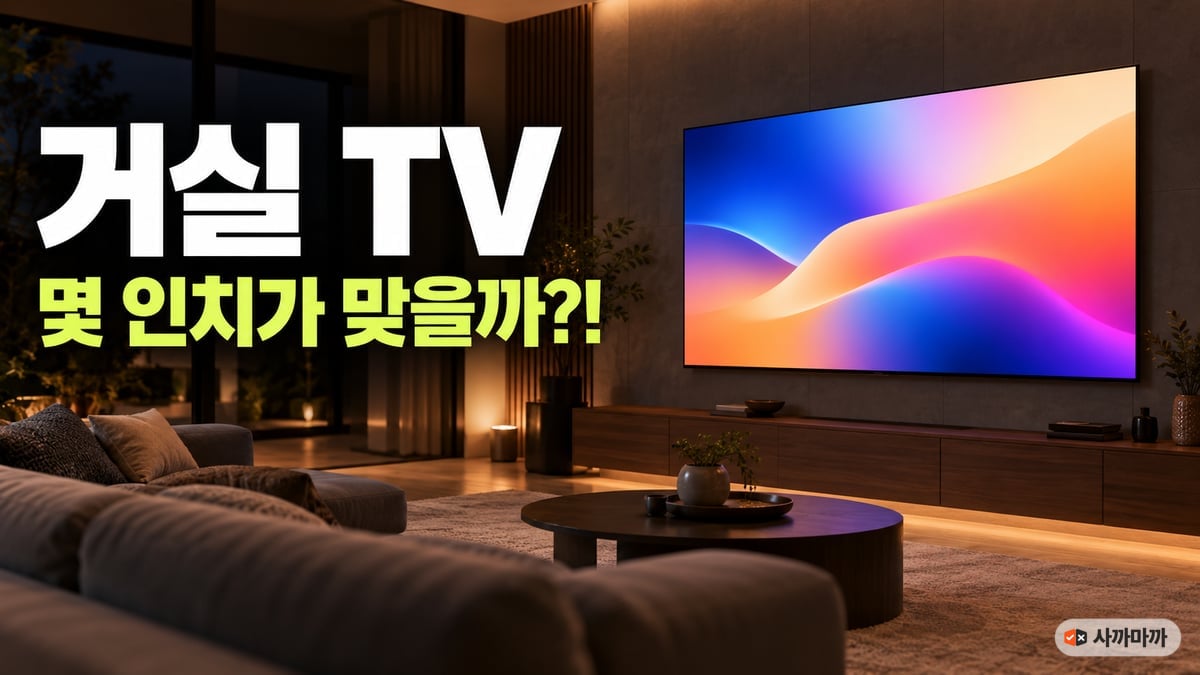 어두운 거실 소파에서 바라본 벽걸이 대형 TV와 "거실 TV 몇 인치가 맞을까?!" 문구