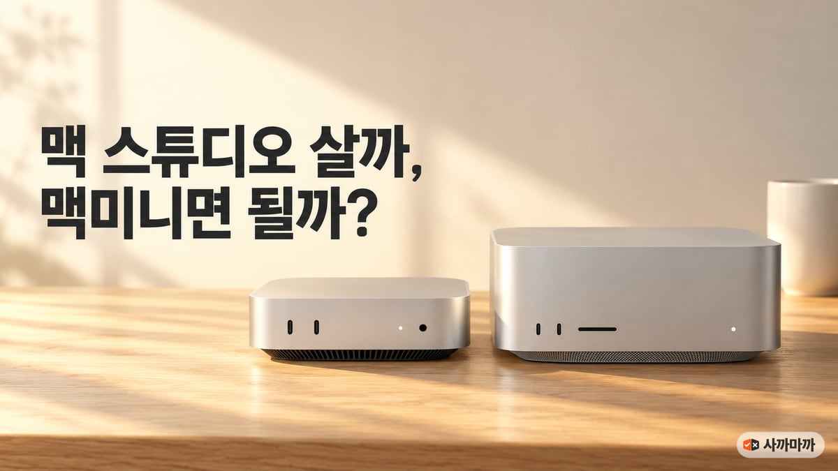 햇살 드는 원목 책상 위에 은색 맥미니와 그보다 크고 높은 은색 맥 스튜디오가 나란히 놓여 있고 왼쪽에 '맥 스튜디오 살까, 맥미니면 될까?' 제목