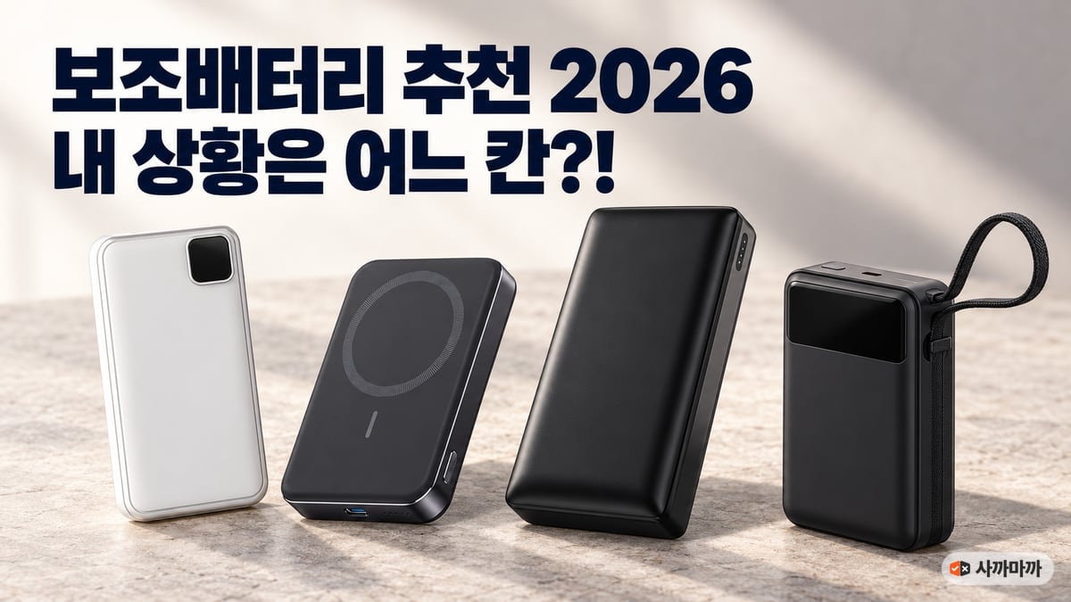 슬림 10000, 맥세이프, 20000, 65W 보조배터리 네 종을 나란히 놓은 비교 사진