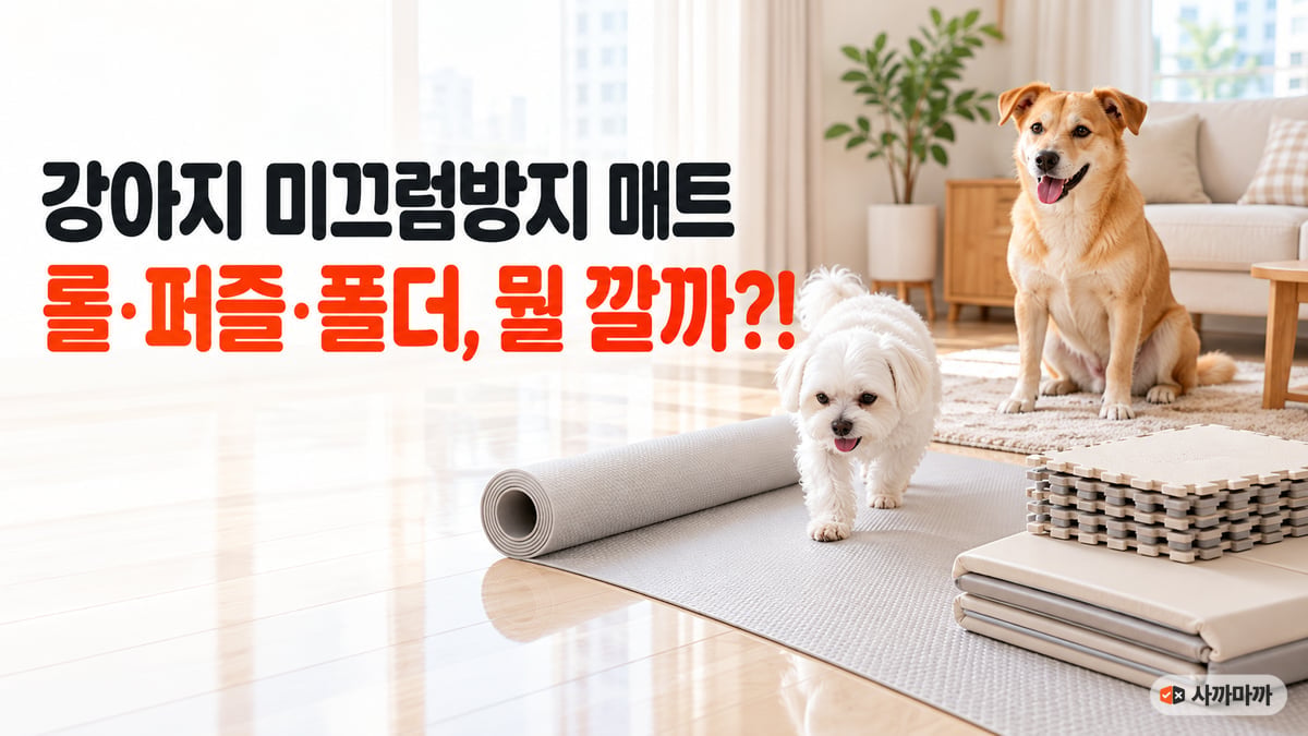 미끄러운 거실 바닥 위 회색 롤매트를 걷는 흰 말티즈와 퍼즐매트·폴더매트, 강아지 미끄럼방지 매트 롤·퍼즐·폴더 뭘 깔까