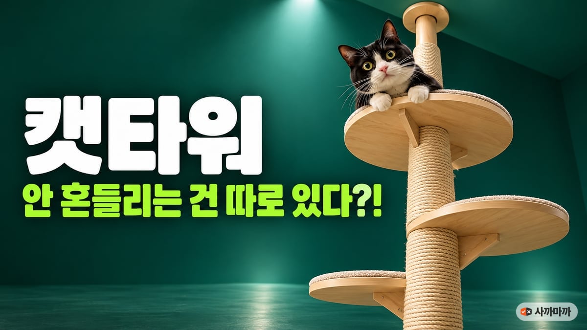 딥그린 배경 원목 캣폴 꼭대기에서 내려다보는 턱시도 고양이, 캣타워 안 흔들리는 건 따로 있다