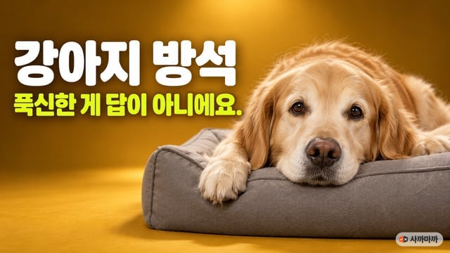 머스터드색 배경에서 골든 리트리버가 회색 방석 테두리에 턱을 괴고 카메라를 보는 썸네일, 강아지 방석 푹신한 게 답이 아니에요