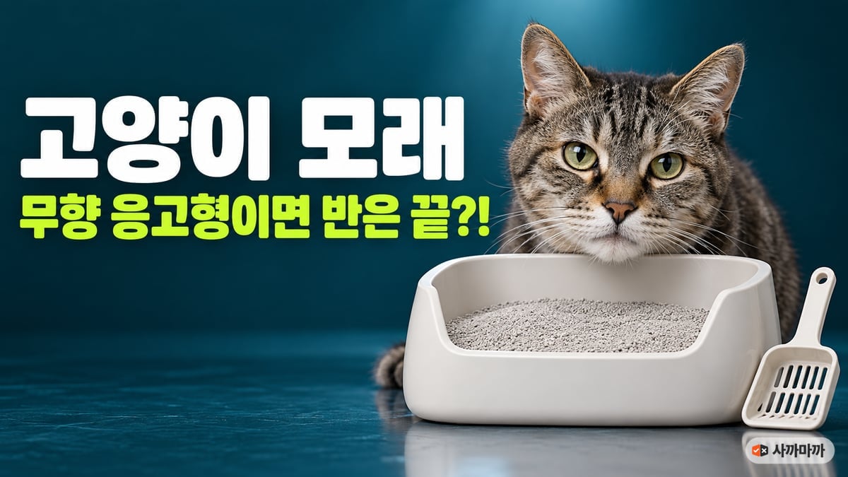 고양이 화장실 앞에 턱을 괸 노묘 고등어 태비, 고양이 모래 무향 응고형이면 반은 끝