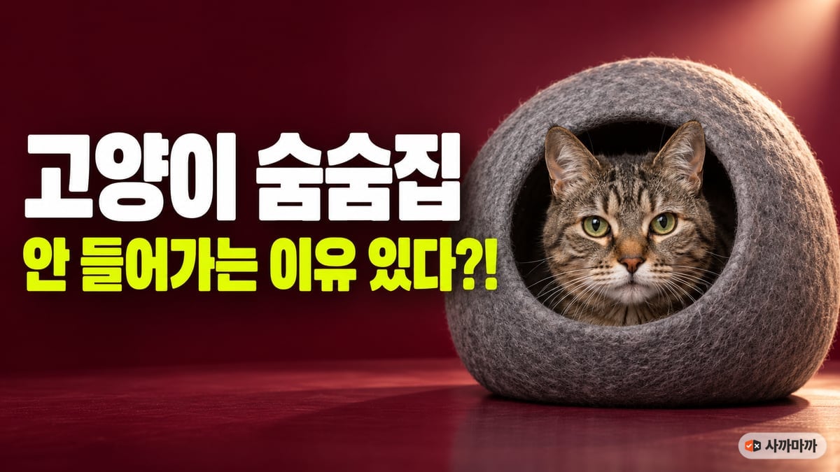 버건디 무대 위 회색 펠트 숨숨집 입구로 얼굴을 내민 노묘 고등어 태비 고양이, 고양이 숨숨집 안 들어가는 이유 있다