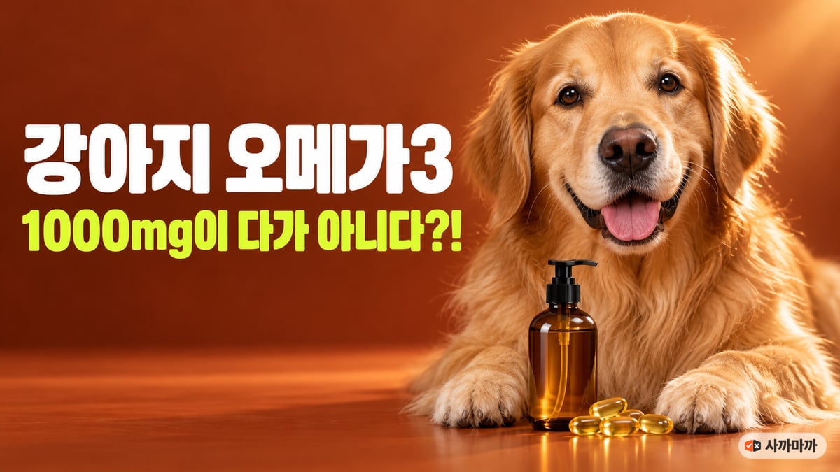 윤기 나는 골든 리트리버 앞에 오메가3 오일 펌프병과 캡슐이 놓인 모습, 강아지 오메가3 1000mg이 다가 아니다