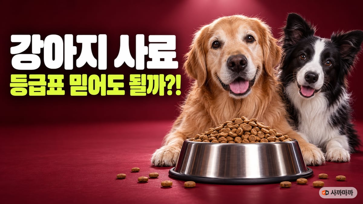 버건디 무대에서 사료가 가득한 스테인리스 그릇 뒤에 앉은 골든 리트리버와 보더콜리, 강아지 사료 등급표 믿어도 될까
