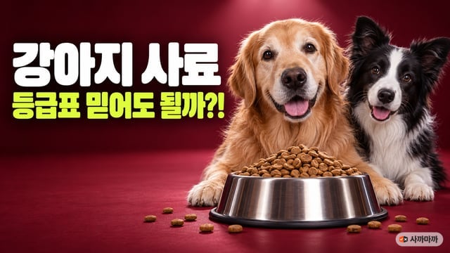 버건디 무대에서 사료가 가득한 스테인리스 그릇 뒤에 앉은 골든 리트리버와 보더콜리, 강아지 사료 등급표 믿어도 될까