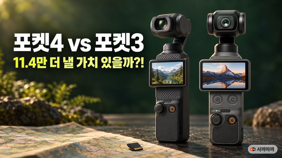 오즈모 포켓4와 포켓3가 초록 배경에 나란히 서 있고 바닥에 여행 지도와 microSD 카드가 놓인 비교 썸네일. 제목 '포켓4 vs 포켓3, 11.4만 더 낼 가치 있을까?!'