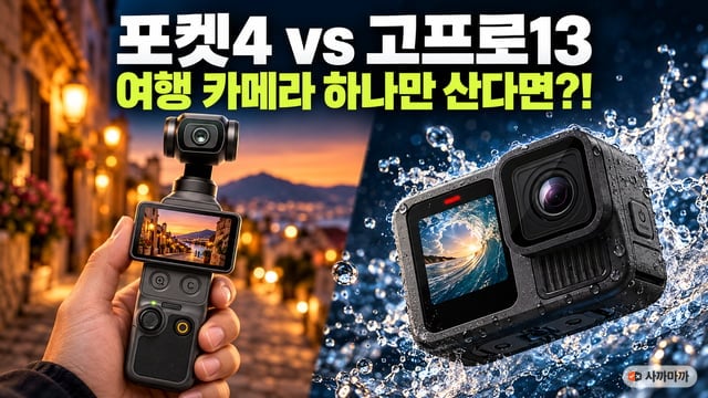 왼쪽 해 질 녘 골목에서 손에 든 오즈모 포켓4, 오른쪽 물보라 속 고프로 히어로13을 맞댄 비교 썸네일. 제목 '포켓4 vs 고프로13, 여행 카메라 하나만 산다면?!'