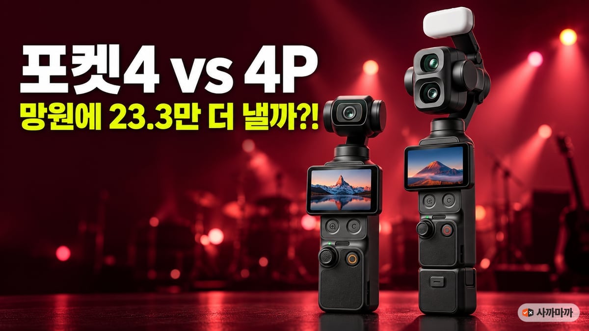 왼쪽 렌즈 하나의 오즈모 포켓4와 오른쪽 렌즈 둘의 포켓4P가 버건디 무대 조명 앞에 선 비교 썸네일. 제목 '포켓4 vs 4P, 망원에 23.3만 더 낼까?!'