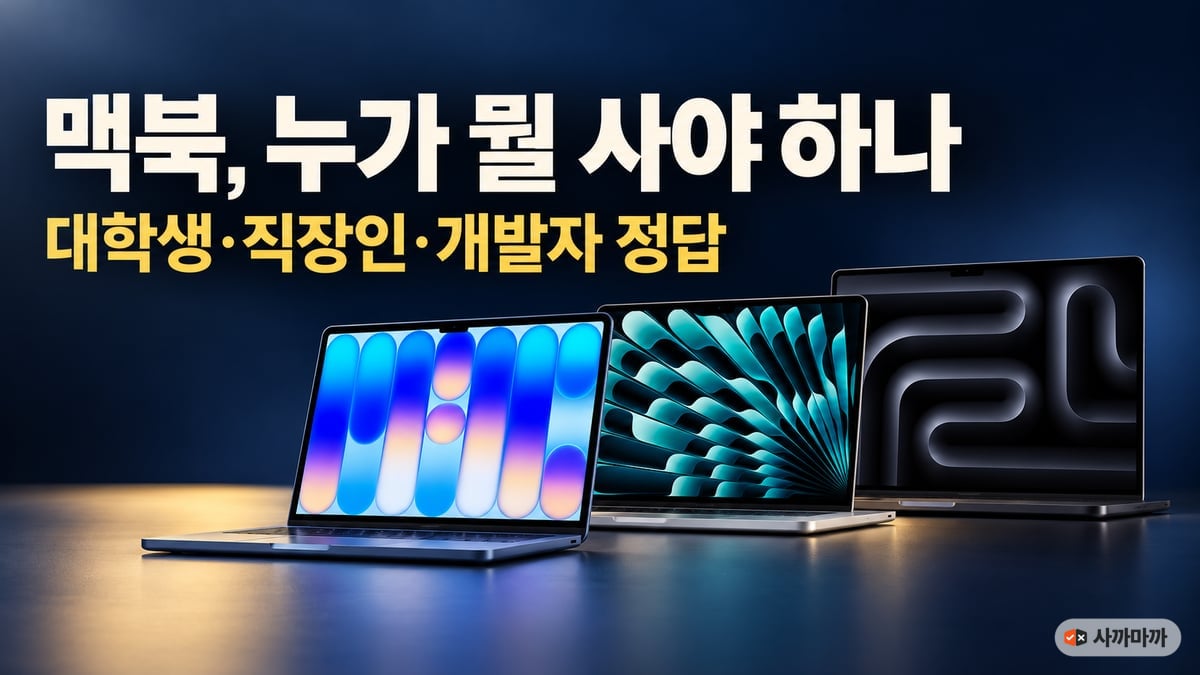 짙은 남색 배경 위에 인디고 맥북 네오, 은색 맥북 에어, 어두운 맥북 프로가 나란히 열려 있고 '맥북, 누가 뭘 사야 하나 / 대학생·직장인·개발자 정답' 문구가 적힌 썸네일