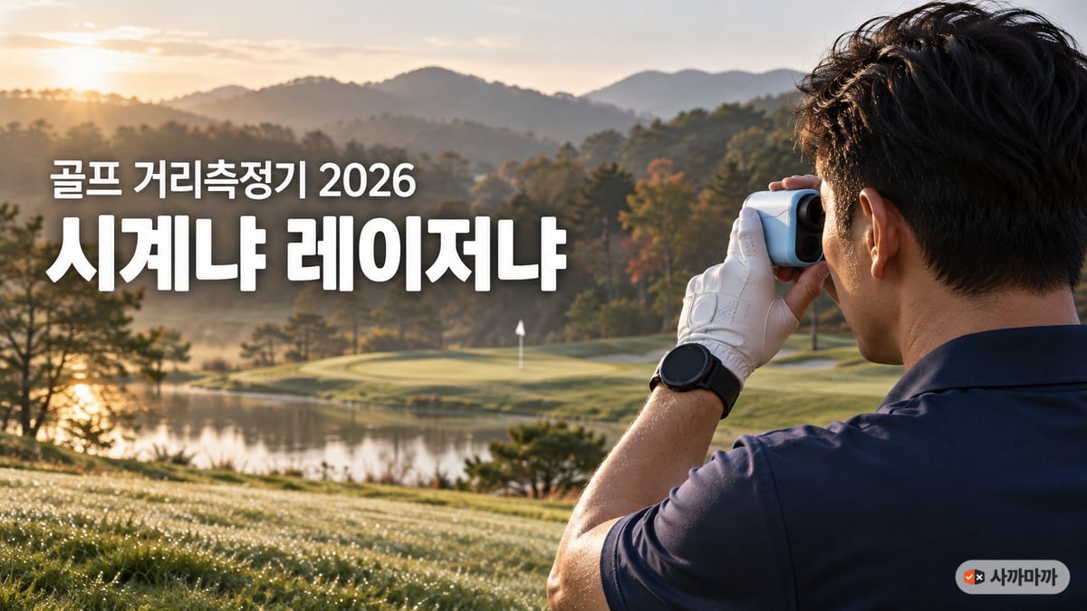 가을 아침 골프장에서 손목에 GPS 골프워치를 차고 레이저 거리측정기로 핀을 겨누는 40대 남성, '골프 거리측정기 2026 시계냐 레이저냐' 문구