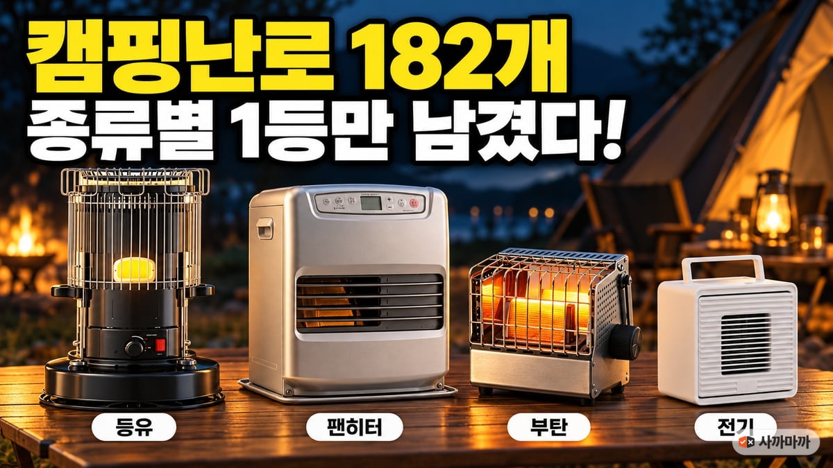 캠핑난로 182개 중 등유 심지 난로, 등유 팬히터, 부탄가스 히터, 전기 미니 온풍기 네 종류를 겨울 저녁 캠핑장 테이블에 나란히 세운 썸네일 - 종류별 1등만 남겼다