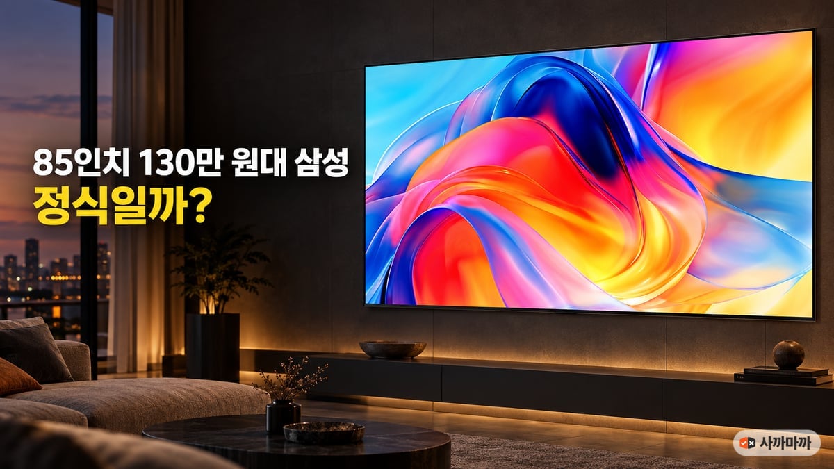 어두운 거실 벽에 걸린 85인치 TV와 흰 글씨 제목 '85인치 130만 원대 삼성 정식일까?'