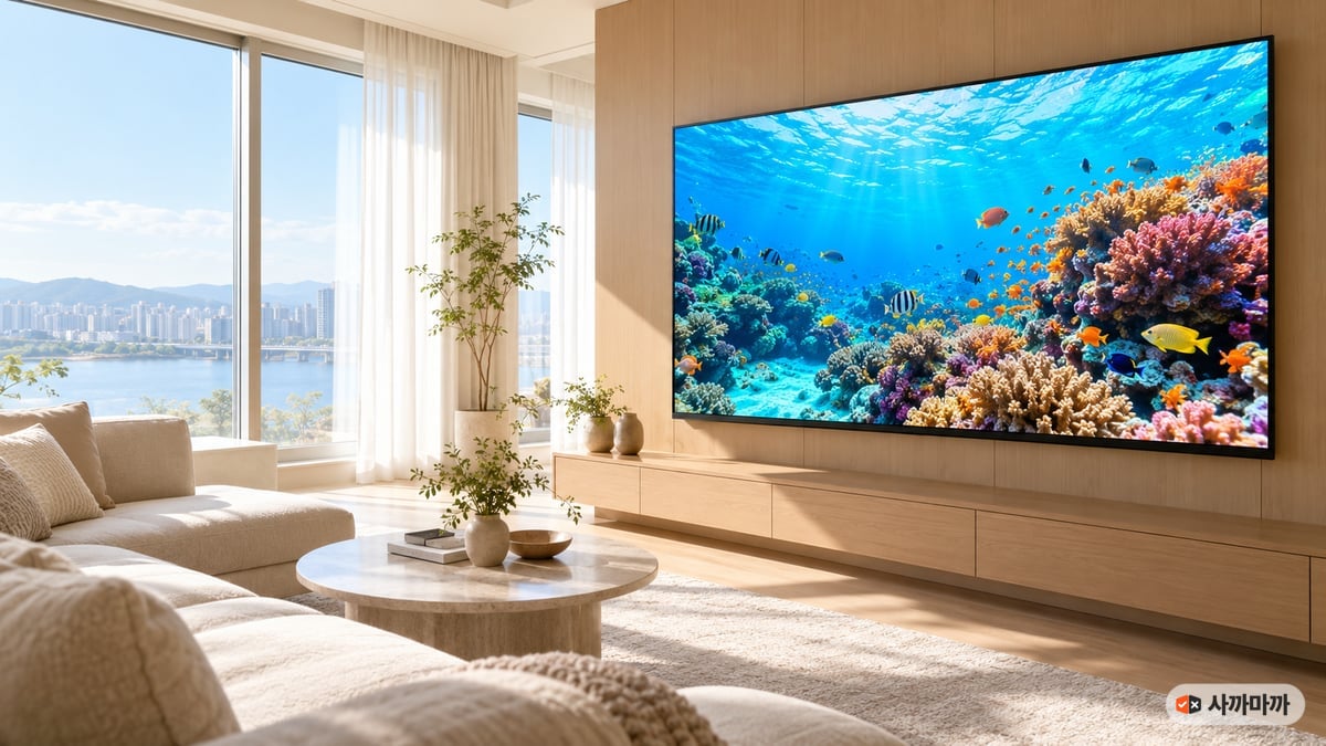 햇살이 가득 드는 거실 우드 벽면에 걸린 85인치 TV가 선명한 열대 산호 바다 장면을 비추는 모습