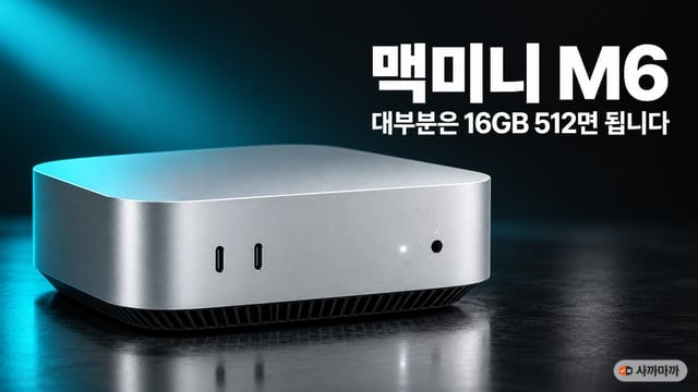차콜 배경에 청록빛을 받은 은색 맥미니 M6(앞면 왼쪽 USB-C 두 개, 오른쪽 표시등과 이어폰 단자)와 '맥미니 M6, 대부분은 16GB 512면 됩니다' 제목