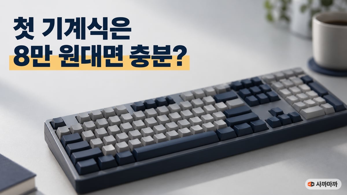 흰 책상 위에 놓인 남색·회색 풀배열 기계식 키보드와 "첫 기계식은 8만 원대면 충분?" 문구