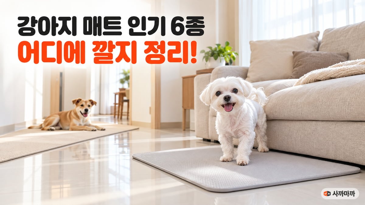 소파 앞 미끄럼방지 매트 위에 선 흰 말티즈와 복도 롤매트에 엎드린 믹스견, 강아지 매트 인기 6종 어디에 깔지 정리