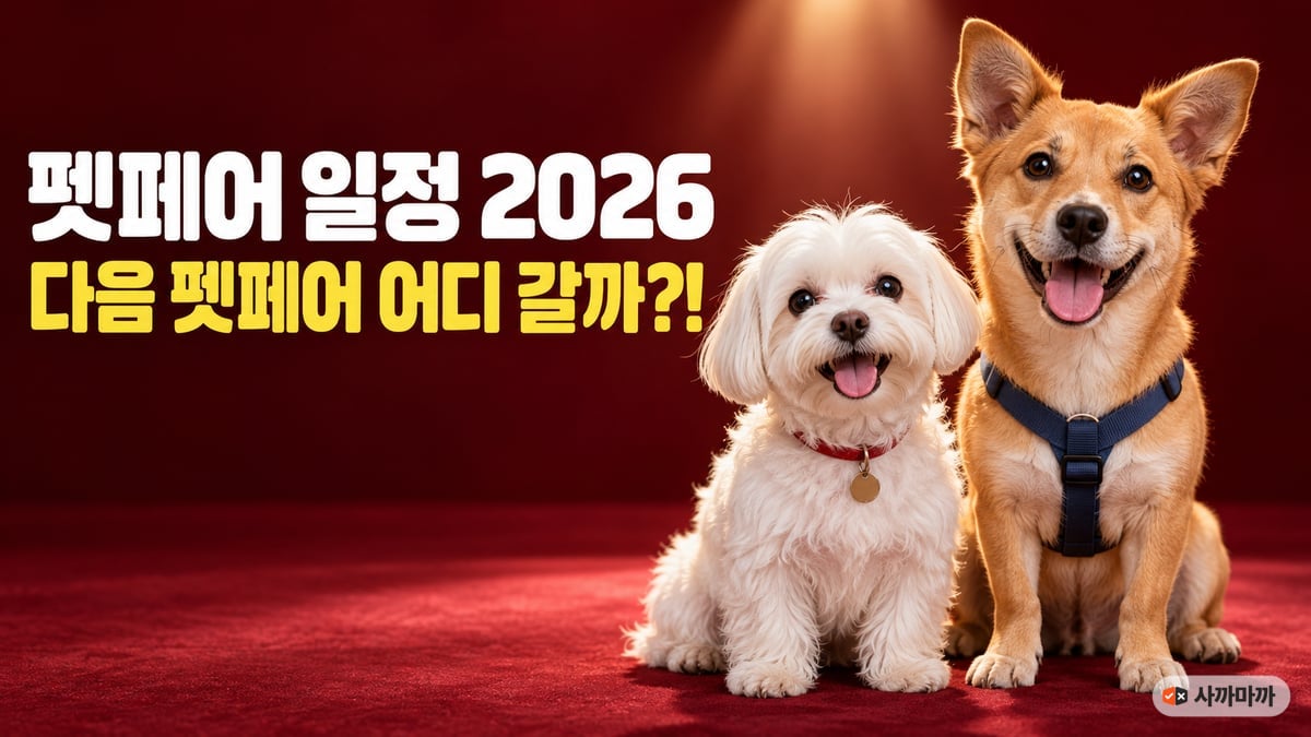 붉은 무대 위에 나란히 앉은 흰 말티즈와 갈색 믹스견, 다음 펫페어 어디 갈까