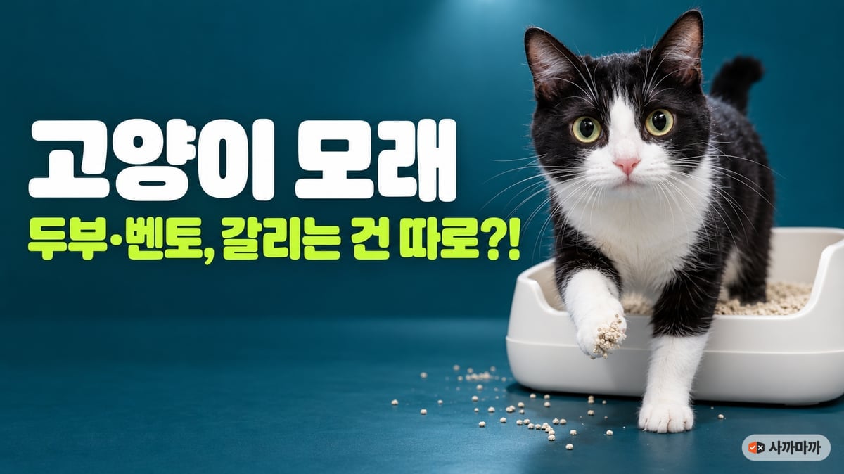 턱시도 고양이가 고양이 화장실에서 나오며 앞발에 모래가 묻어 바닥에 흩어진 모습, 두부모래와 벤토나이트 모래 비교