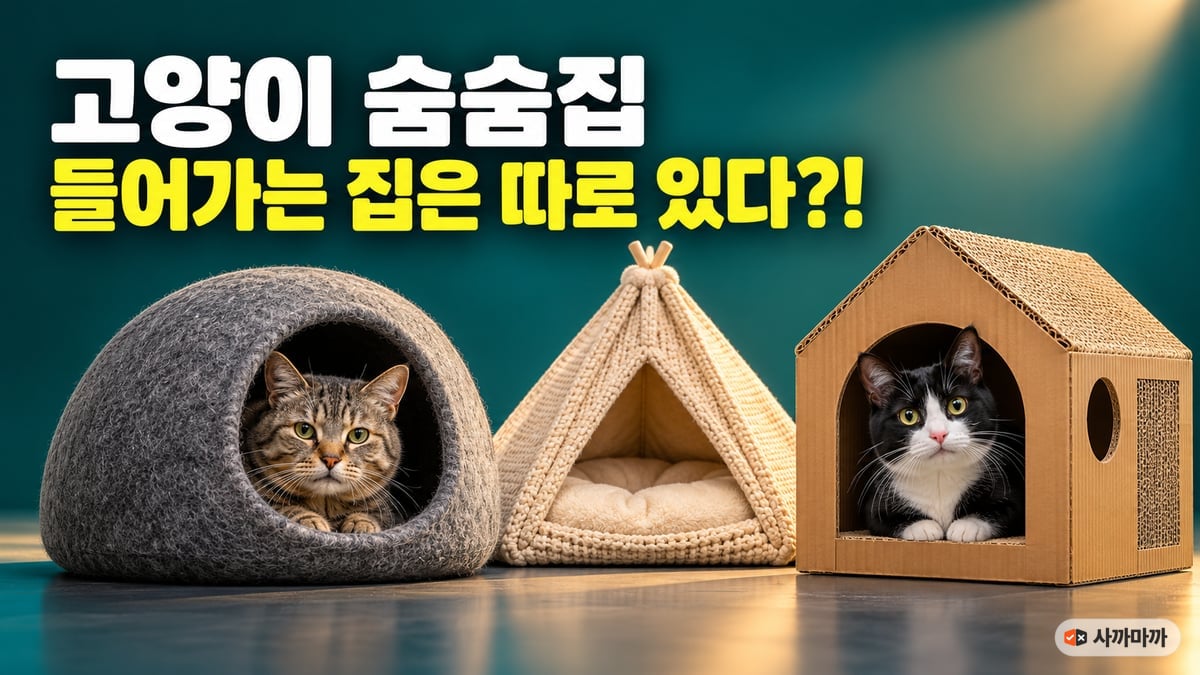 펠트 돔·니트 텐트·골판지 하우스 세 가지 고양이 숨숨집에 고등어 태비와 턱시도 고양이가 들어가 있는 모습, 고양이 숨숨집 들어가는 집은 따로 있다