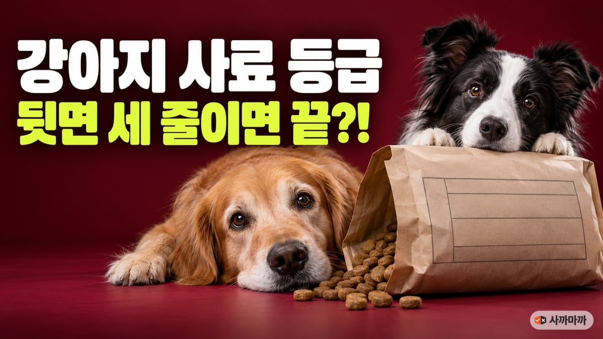 버건디 배경에서 골든 리트리버가 사료 봉투 옆에 엎드리고 보더콜리가 봉투 위로 내다보는 모습, 강아지 사료 등급 뒷면 세 줄이면 끝