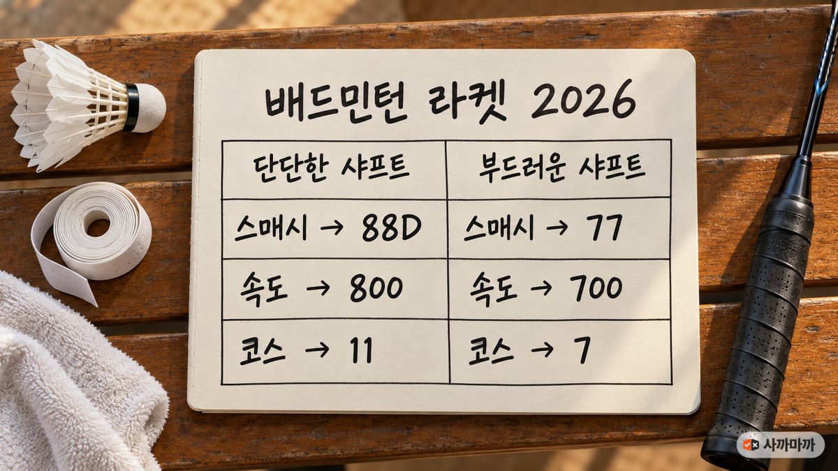 체육관 벤치 위 수첩에 손글씨로 적은 3×2 메모: 단단한 샤프트는 88D·800·11, 부드러운 샤프트는 77·700·7