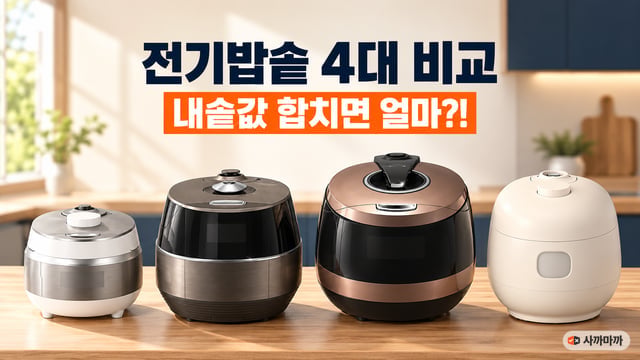 쿠쿠 3인용, 쿠쿠 6인용, 쿠쿠 10인용, 쿠첸 6인용 전기밥솥 네 대를 주방 조리대에 나란히 놓은 비교 썸네일