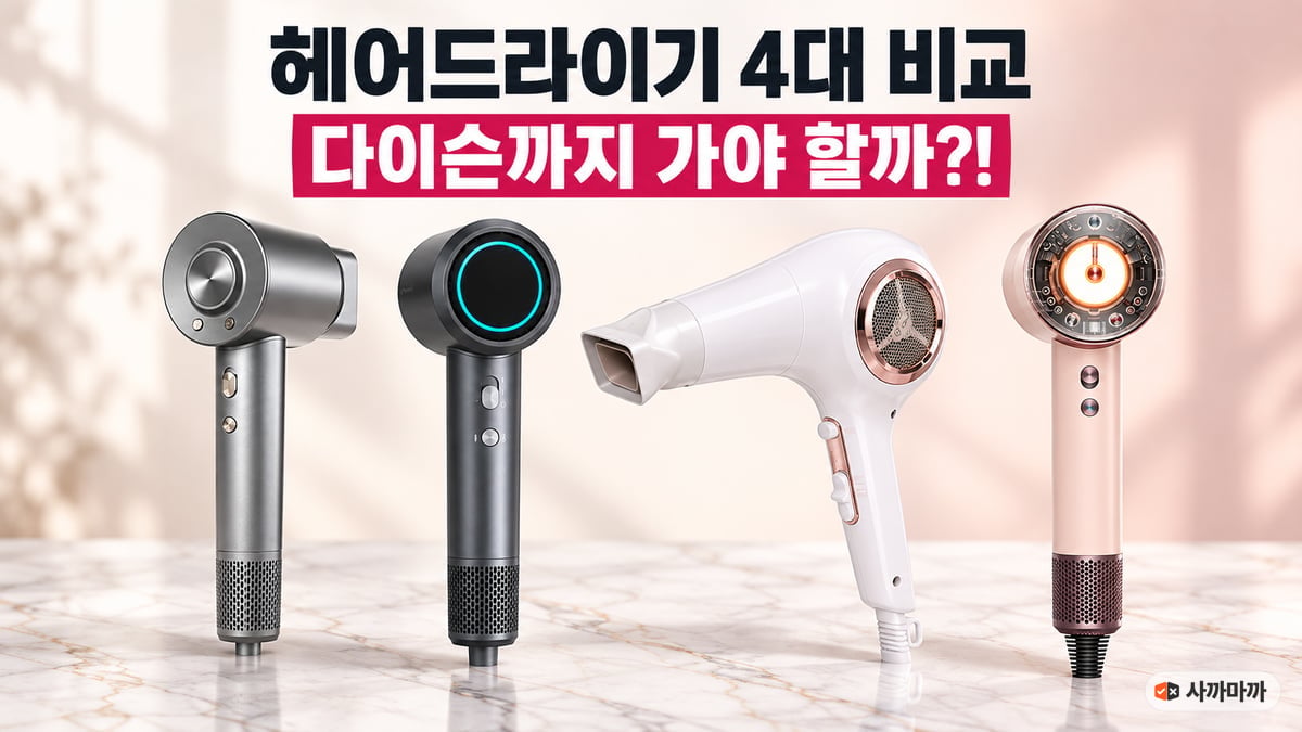 로티마, 신일, JMW 팬텀, 다이슨 뉴럴 헤어드라이기 네 대를 대리석 위에 나란히 세운 비교 썸네일