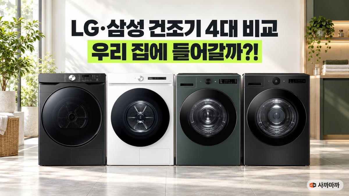 검정 삼성, 흰색 삼성, 녹색 LG 오브제, 검정 LG 오브제 건조기 네 대를 세탁실에 나란히 세운 비교 썸네일