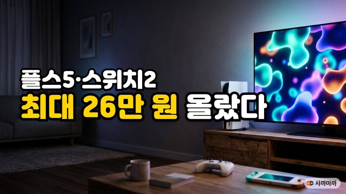 밤 거실 TV 옆에 놓인 흰색 게임 콘솔과 테이블 위 컨트롤러·휴대용 게임기