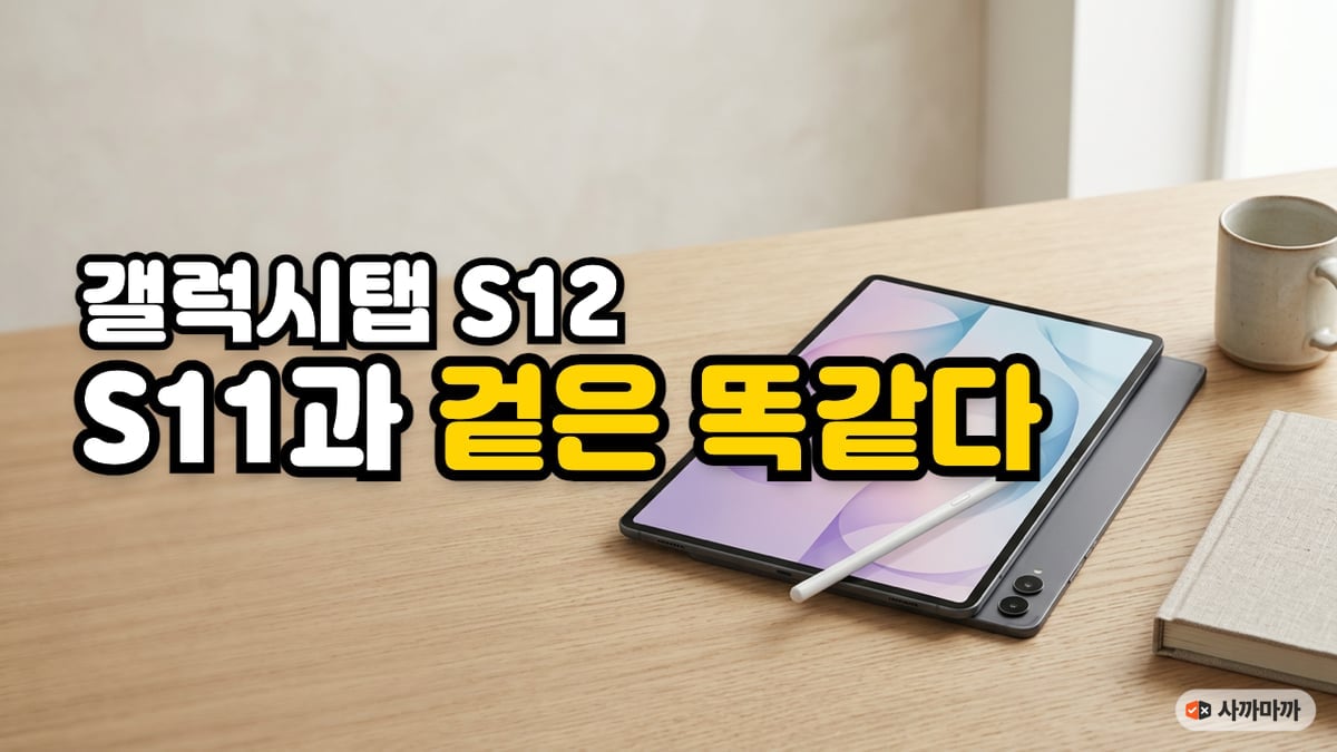 오크 책상 위에 비스듬히 놓인 회색 갤럭시탭 S12 울트라와 S펜