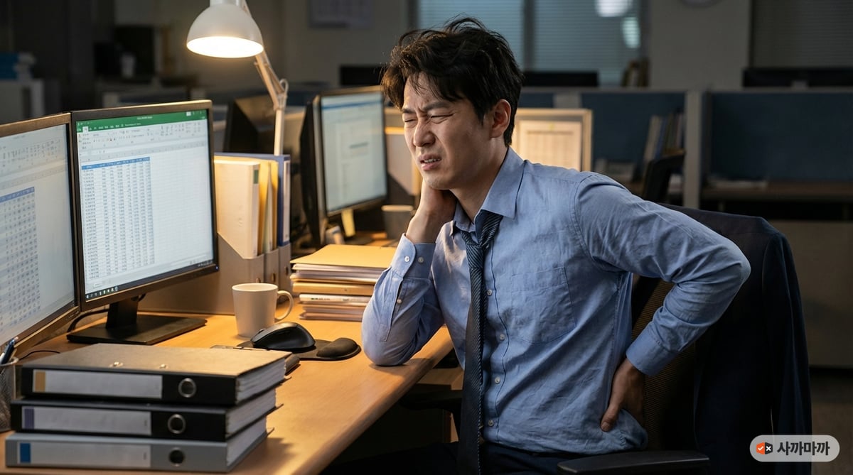 퇴근 후 사무실에서 뻣뻣한 목과 허리를 주무르는 30대 직장인 남성