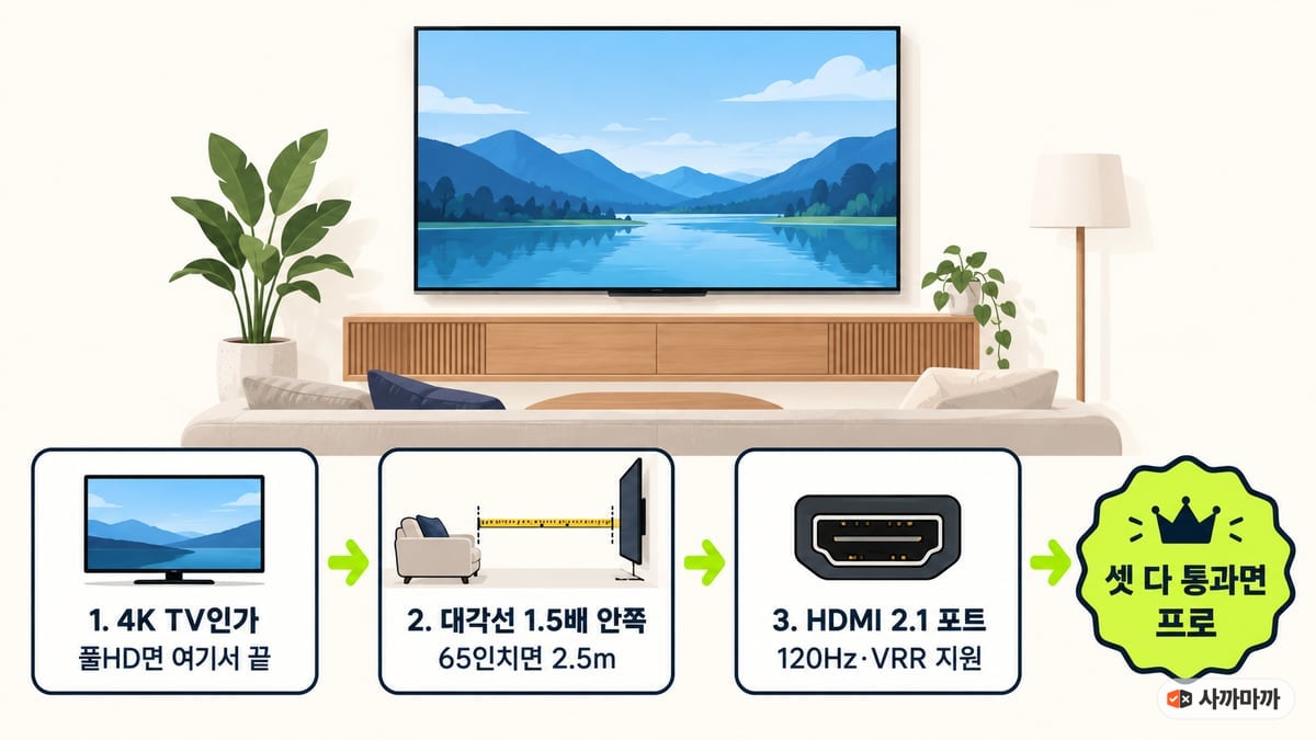 플스5 프로 차이를 확인하는 TV 30초 체크 세 단계: 1. 4K TV인가(풀HD면 여기서 끝), 2. 대각선 1.5배 안쪽(65인치면 2.5m), 3. HDMI 2.1 포트(120Hz·VRR 지원), 셋 다 통과면 프로