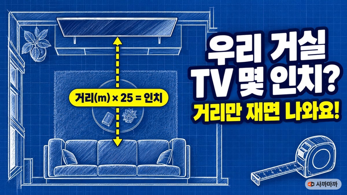 거실 평면도 위 소파와 TV 사이 거리 — 거리(m)×25 = 적정 인치