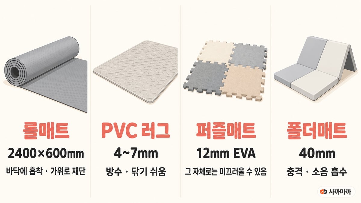 강아지 매트 네 가지 형태 비교: 롤매트 2400×600mm 바닥에 흡착·가위로 재단, PVC 러그 4~7mm 방수·닦기 쉬움, 퍼즐매트 12mm EVA 그 자체로는 미끄러울 수 있음, 폴더매트 40mm 충격·소음 흡수