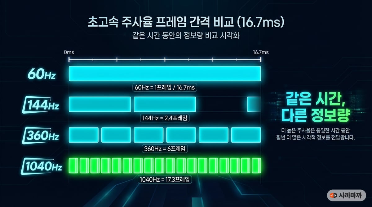 60Hz, 144Hz, 360Hz, 1040Hz 주사율별 같은 시간 내 프레임 수 비교 인포그래픽