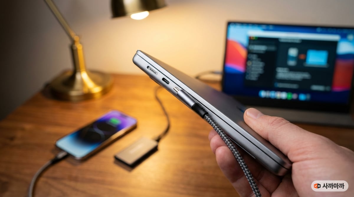 노트북에 USB-C 케이블을 연결하는 모습, 배경에는 스마트폰, 외장 SSD 등 다양한 기기가 연결되어 있는 프리미엄 워크스페이스