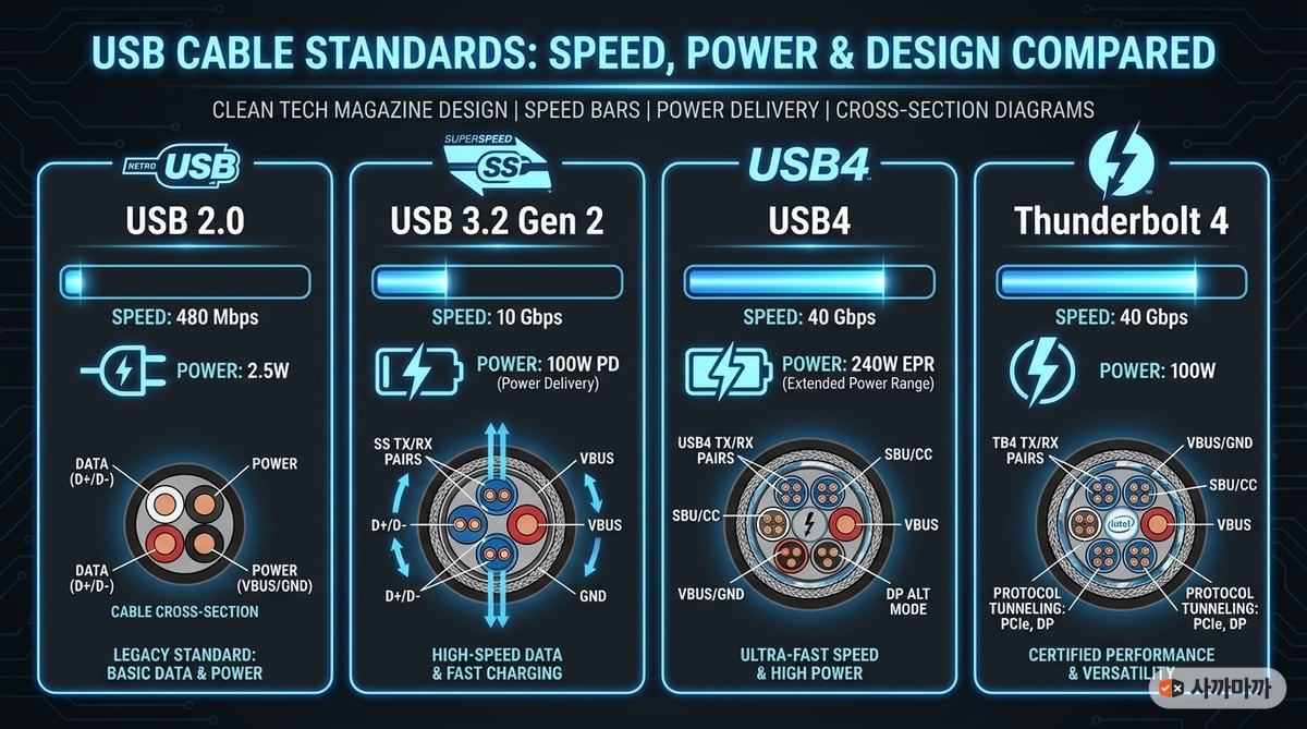 USB 2.0, USB 3.2 Gen 2, USB4, Thunderbolt 4 케이블의 속도, 전력, 내부 구조를 비교하는 인포그래픽.