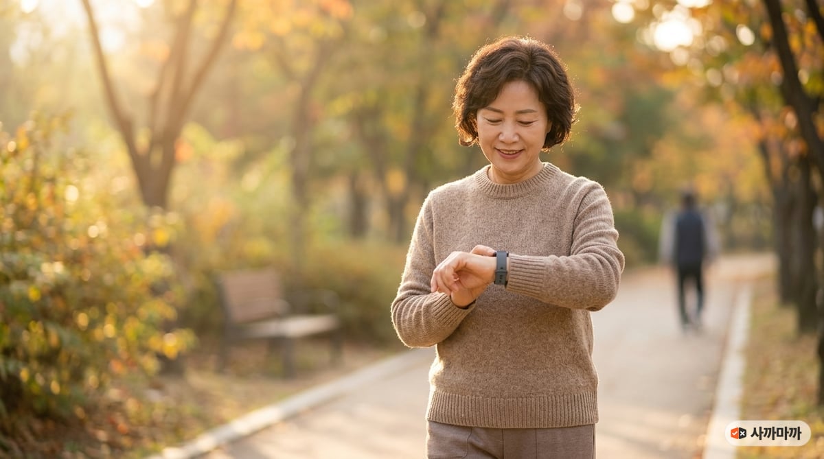 가을 공원을 산책하며 손목의 갤럭시 핏3 밴드를 확인하는 60대 한국 엄마